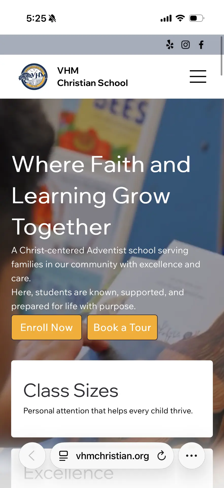 VHM Christian School website on mobile