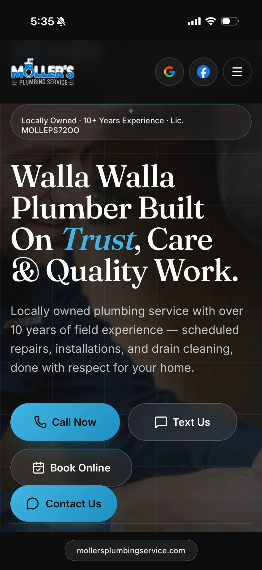 Möller's Plumbing website on mobile